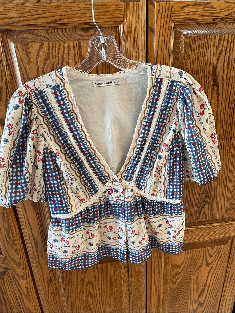 Abercrombie & Fitch Cream Peplum Blouse with Blue Check and Red Floral Accents
